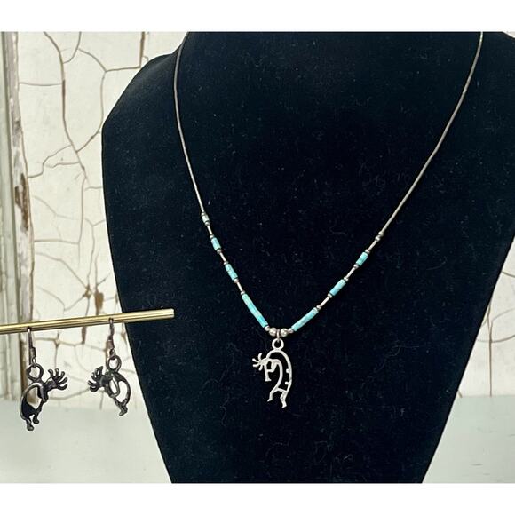 VTG Native American Turquoise & Sterling Silver Kokopelli Necklace Earring Set - Picture 3 of 15